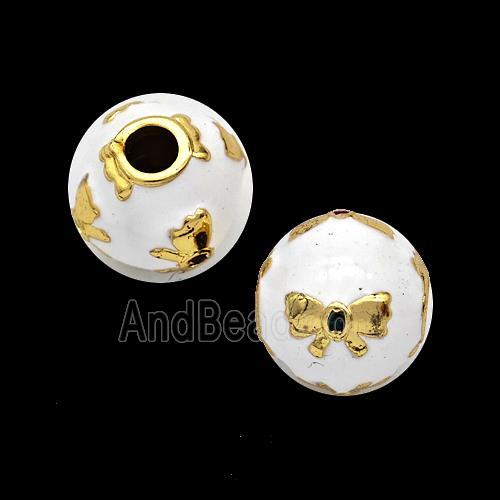 Copper Round Beads White Enamel Butterfly Gold Plated