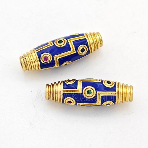 Copper Rice Beads Pave Zirconia Blue Enamel Gold Plated