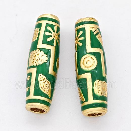 Copper Rice Beads Green Enamel Large Hole Gold Plated