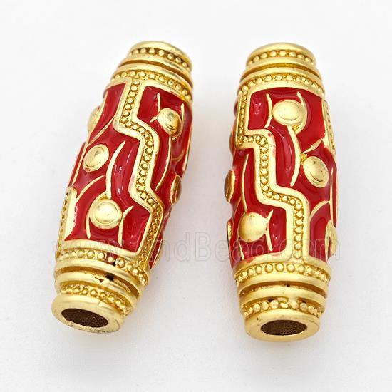 Copper Rice Beads Red Enamel Large Hole Gold Plated