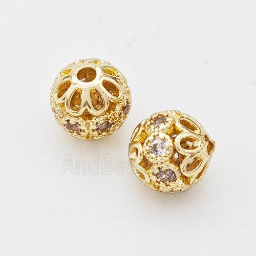 Copper Round Beads Micro Pave Zirconia Hollow Gold Plated