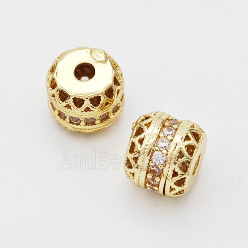 Copper Rondelle Beads Micro Pave Zirconia Hollow Gold Plated