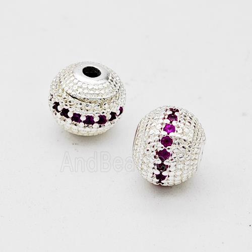 Copper Round Beads Micro Pave Fuchsia Zirconia Shiny Silver
