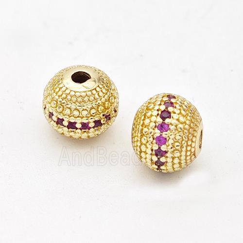 Copper Round Beads Micro Pave Fuchsia Zirconia Gold Plated