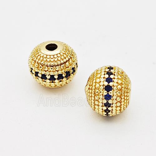 Copper Round Beads Micro Pave Darkblue Zirconia Gold Plated