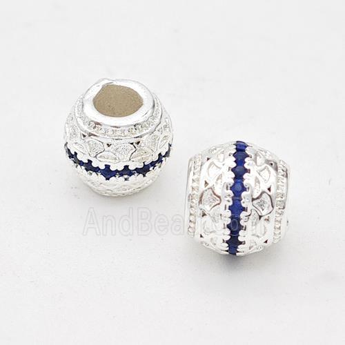 Copper Round Beads Micro Pave Blue Zirconia Large Hole Shiny Silver