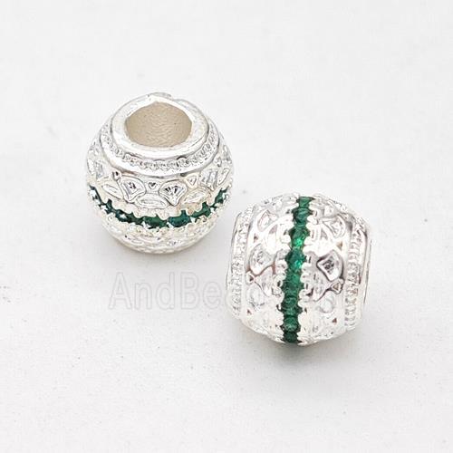 Copper Round Beads Micro Pave Green Zirconia Large Hole Shiny Silver