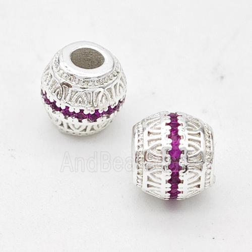 Copper Round Beads Micro Pave Fuchsia Zirconia Large Hole Shiny Silver