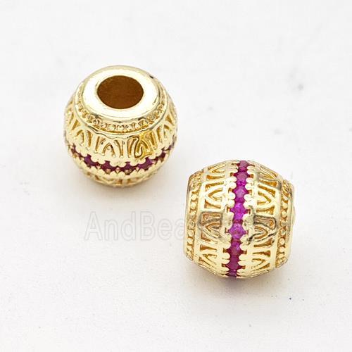 Copper Round Beads Micro Pave Fuchsia Zirconia Large Hole Gold Plated