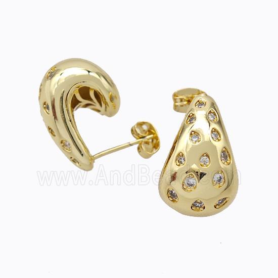 Copper Comma Stud Earrings Micropave Zirconia Hollow Gold Plated