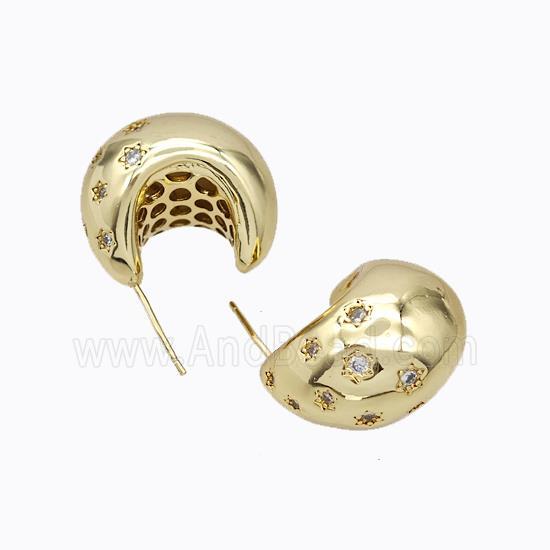 Copper Stud Earrings Micro Pave Zirconia C-Shape Hollow Gold Plated
