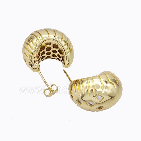 Copper Stud Earrings Micro Pave Zirconia C-Shape Hollow Gold Plated
