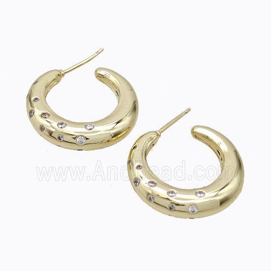 Copper Stud Earrings Micro Pave Zirconia C-Shape Hollow Gold Plated