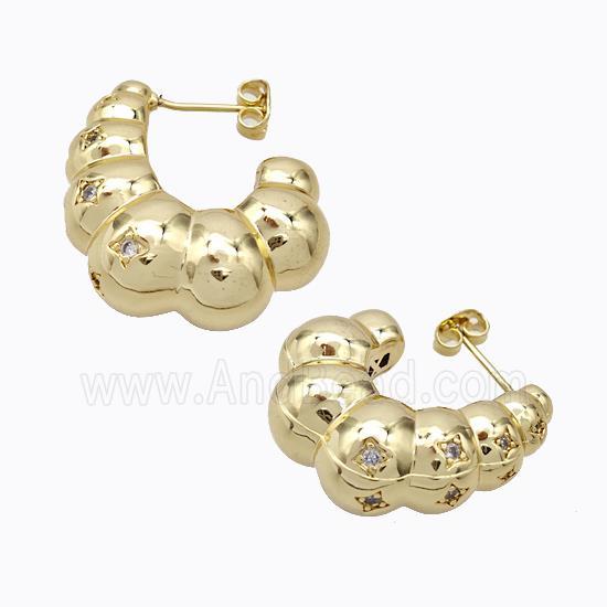 Copper Stud Earrings Micro Pave Zirconia C-Shape Hollow Gold Plated