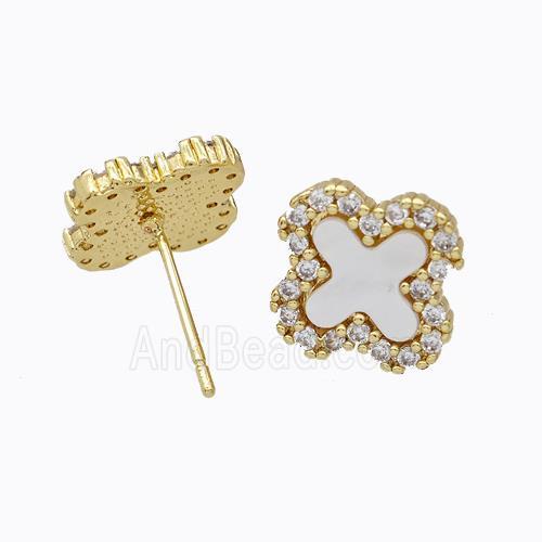 Copper Clover Stud Earrings Pave Zirconia Shell Gold Plated