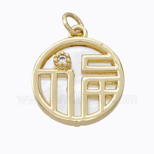 Copper Circle Pendant Pave Zirconia Shell Lucky Fu Gold Plated