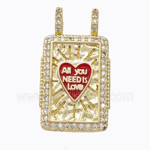 Copper Tarot Card Pendant Micropave Zirconia Heart Red Enamel Gold Plated