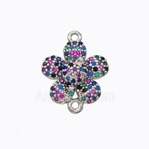 Copper Flower Connector Micropave Zirconia Multicolor Platinum Plated