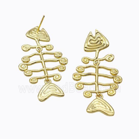 Copper Fishbone Stud Earrings Gold Plated