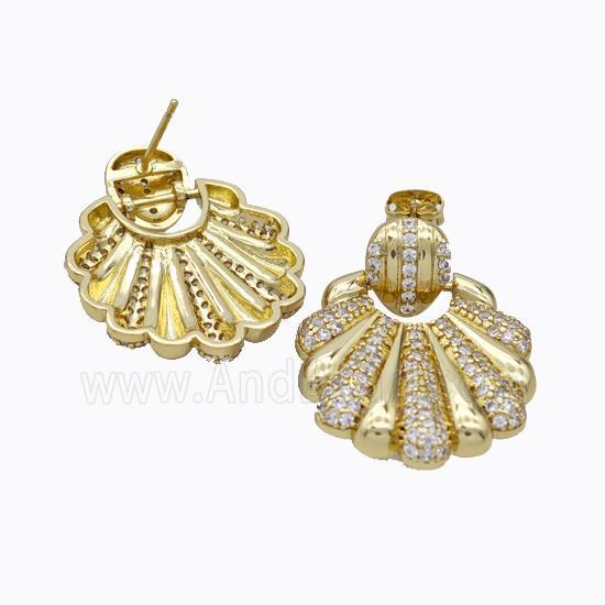Copper Scallop Stud Earrings Micropave Zirconia Gold Plated