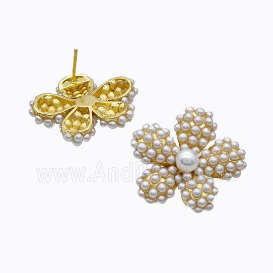 Copper Flower Stud Earrings Pave Pearlized Resin Gold Plated