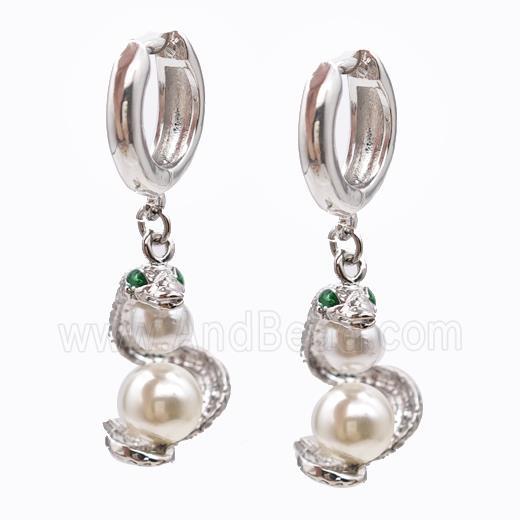 Copper Hoop Earrings Snake Pave Pearlized Resin Platinum Plated