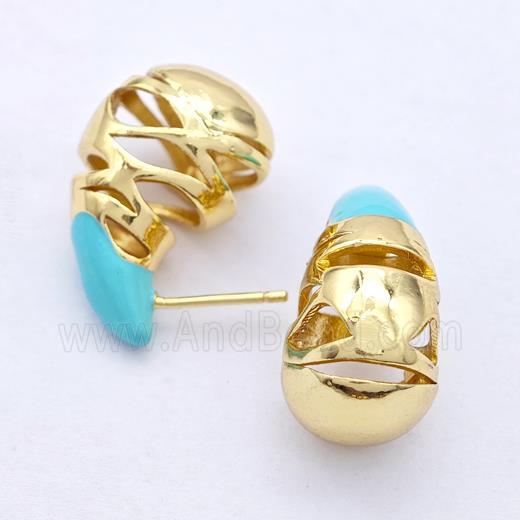 Copper Teardrop Stud Earrings Turqblue Enamel Hollow Gold Plated
