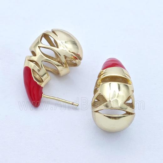 Copper Teardrop Stud Earrings Red Enamel Hollow Gold Plated