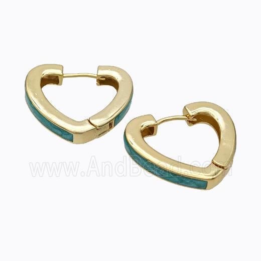 Copper Heart Latchback Earrings Green Painted Gold Plated