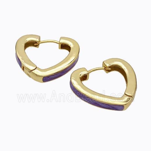Copper Heart Latchback Earrings Purple Painted Gold Plated