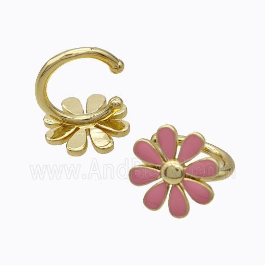 Copper Daisy Clip Earrings Flower Pink Enamel Gold Plated