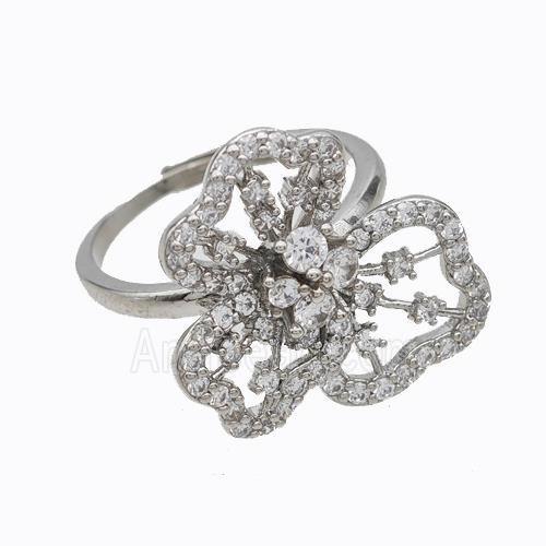 Copper Flower Rings Micropave Zirconia Adjustable Platinum Plated
