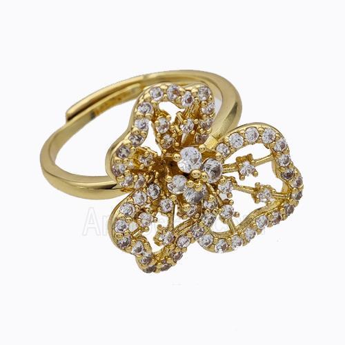 Copper Flower Rings Micropave Zirconia Adjustable Gold Plated