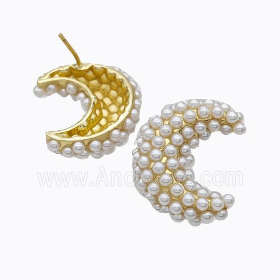 Copper Moon Stud Earrings Micropave Pearlized Resin Gold Plated