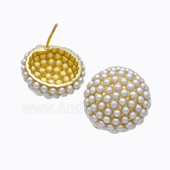 Copper Stud Earrings Micropave Pearlized Resin Button Gold Plated