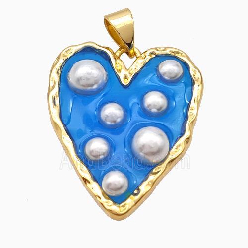 Copper Heart Pendant Pave Pearlized Resin Blue Gold Plated