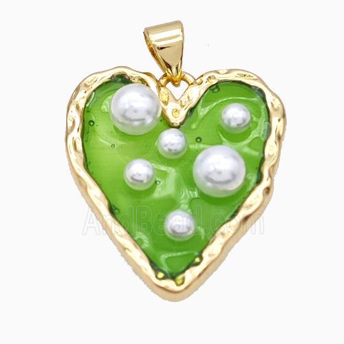 Copper Heart Pendant Pave Pearlized Resin Green Gold Plated