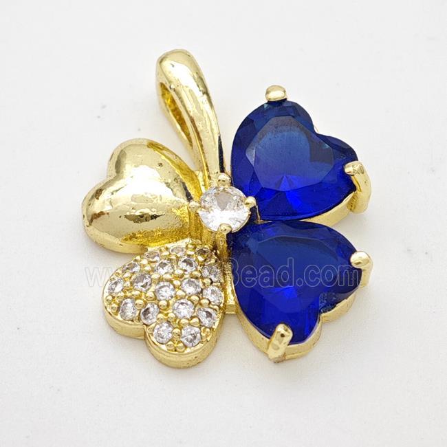 Copper Clover Pendant Pave Zirconia Blue Crystal Glass Gold Plated