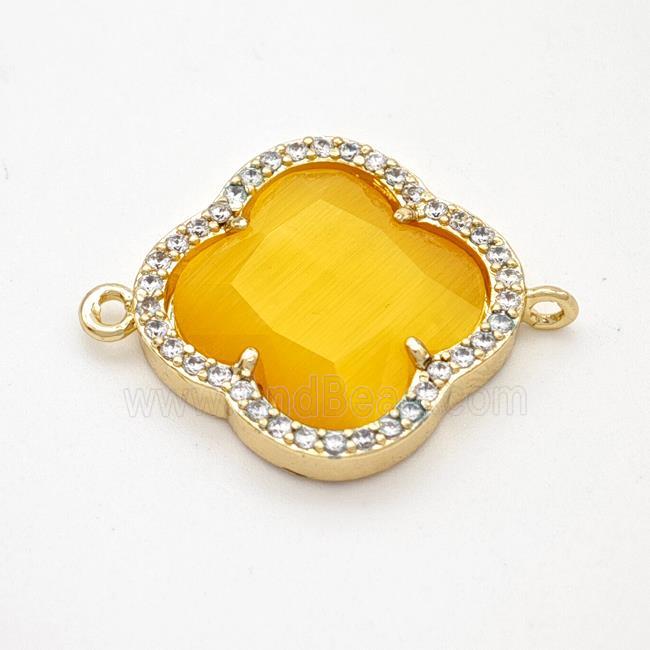 Golden Cats Eye Glass Copper Clover Connector Pave Zirconia Gold Plated