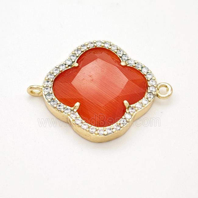 Red Cats Eye Glass Copper Clover Connector Pave Zirconia Gold Plated