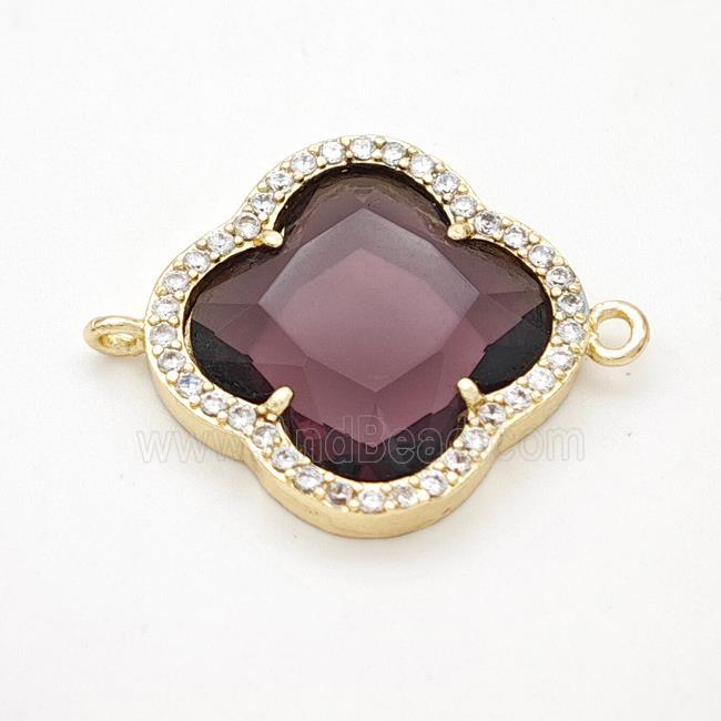Purple Crystal Glass Copper Clover Connector Pave Zirconia Gold Plated