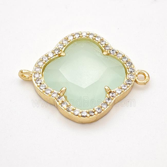 Lt.green Jadeite Glass Copper Clover Connector Pave Zirconia Gold Plated