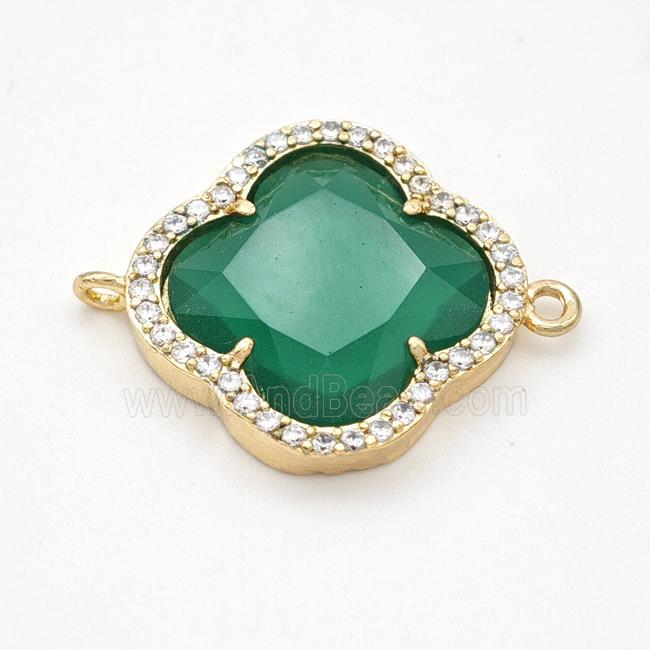 Green Jadeite Glass Copper Clover Connector Pave Zirconia Gold Plated
