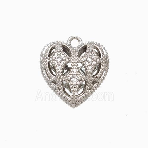 Copper Heart Pendant Micropave Zirconia Hollow Platinum Plated