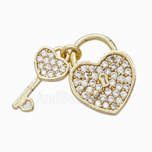 Copper Heart Lock And Key Pendant Micropave Zirconia Gold Plated