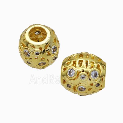 Copper Barrel Beads Micropave Zirconia Large Hole Gold Plated