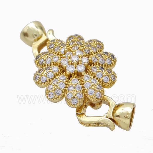 Copper Cordend Clasp Pave Zirconia Flower Gold Plated