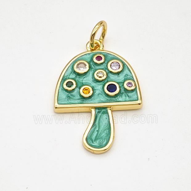 Copper Mushroom Pendant Pave Zirconia Green Painted Gold Plated