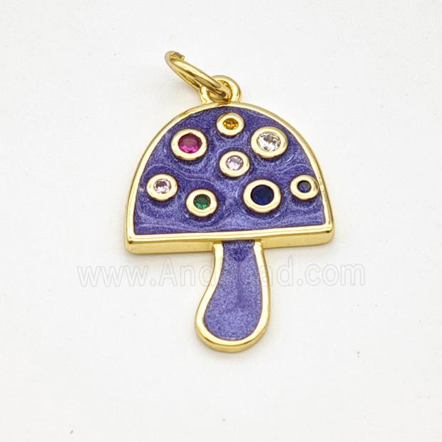 Copper Mushroom Pendant Pave Zirconia Purple Painted Gold Plated