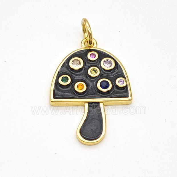 Copper Mushroom Pendant Pave Zirconia Black Painted Gold Plated